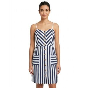 Style House Midi Dress Navy Blue White Striped Button Front Pockets - XL